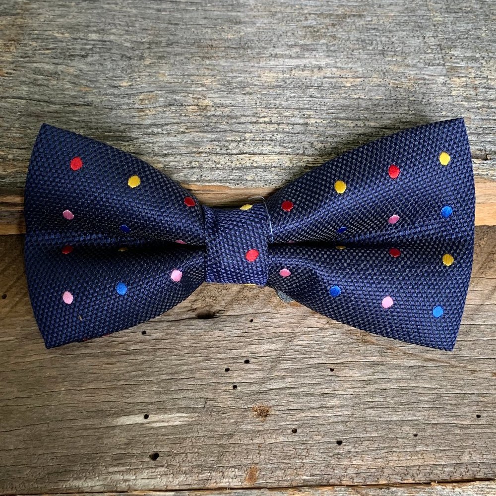 Navy Bowtie with Multicolor Polka Dots